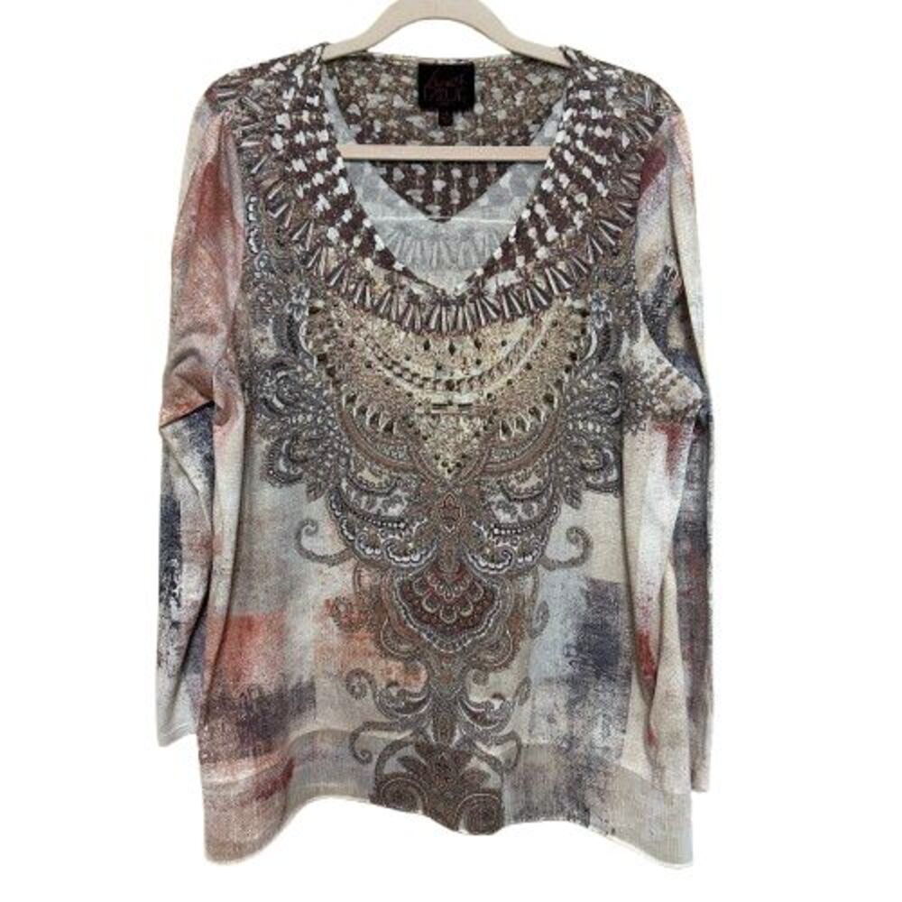 French Blue Boho Medallion Print Top Women 1X Multicolor Embellished Chiffon Hem
